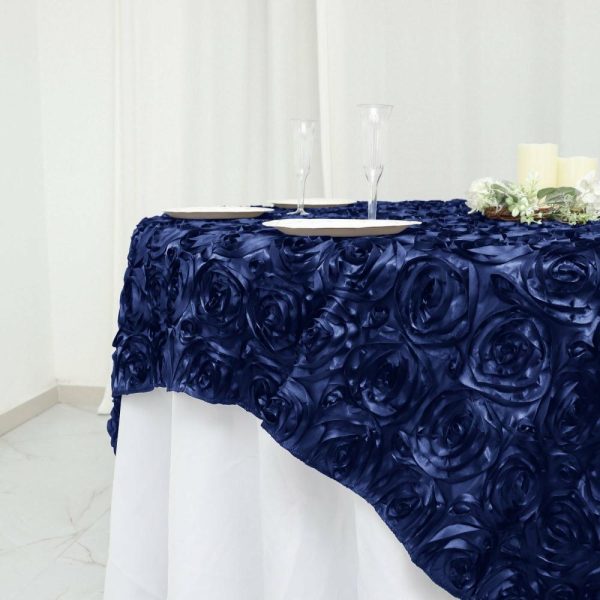 Rosette |  72″x72″ Navy Blue 3D Rosette Satin Square Table Overlay