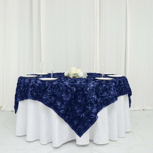 Rosette |  72″x72″ Navy Blue 3D Rosette Satin Square Table Overlay