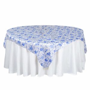 Satin |  White Blue French Toile Floral Satin Table Overlay, Square Tablecloth Topper – 72″x72″