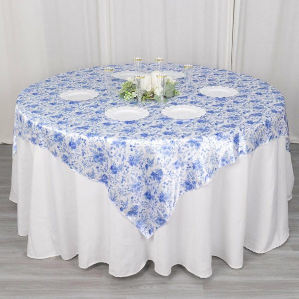 Satin |  White Blue French Toile Floral Satin Table Overlay, Square Tablecloth Topper – 72″x72″