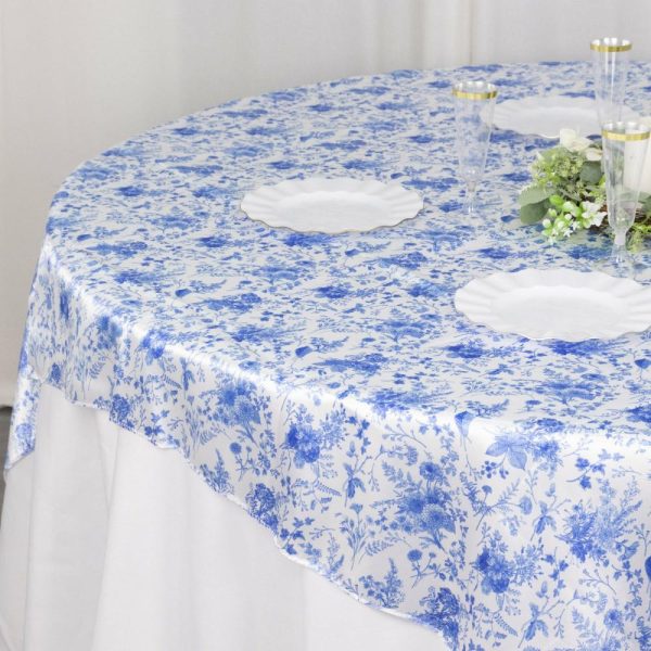 Satin |  White Blue French Toile Floral Satin Table Overlay, Square Tablecloth Topper – 72″x72″