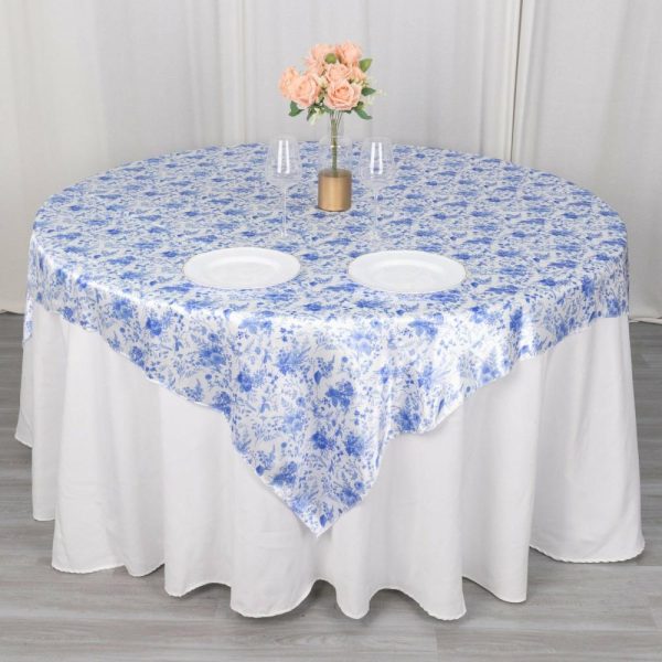 Satin |  White Blue French Toile Floral Satin Table Overlay, Square Tablecloth Topper – 72″x72″