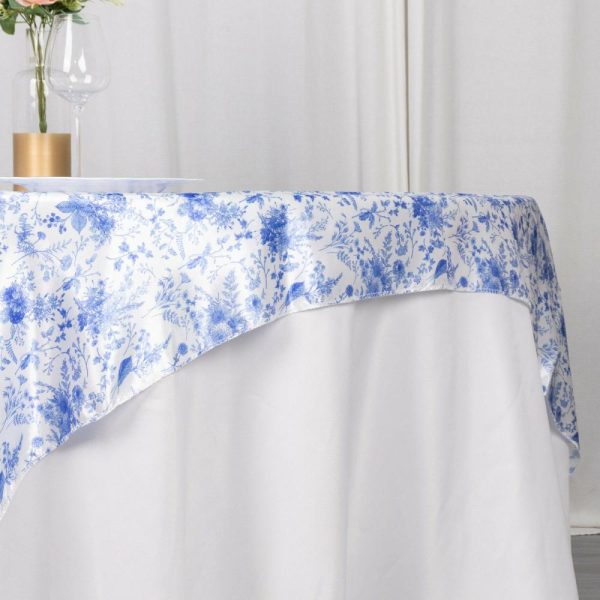 Satin |  White Blue French Toile Floral Satin Table Overlay, Square Tablecloth Topper – 72″x72″