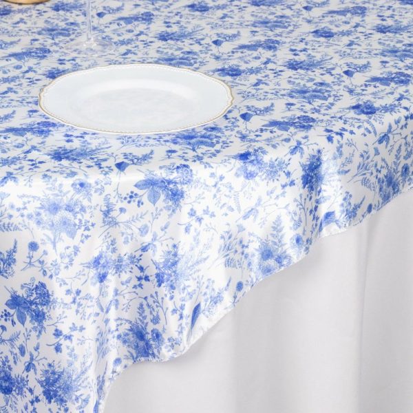 Satin |  White Blue French Toile Floral Satin Table Overlay, Square Tablecloth Topper – 72″x72″