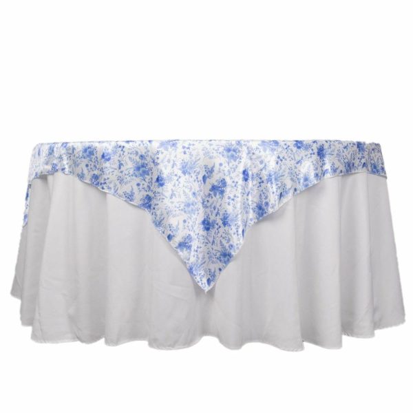 Satin |  White Blue French Toile Floral Satin Table Overlay, Square Tablecloth Topper – 72″x72″