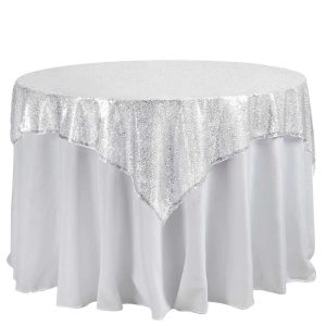 Sequin & Shimmer |  60″x60″ Silver Duchess Sequin Square Table Overlay