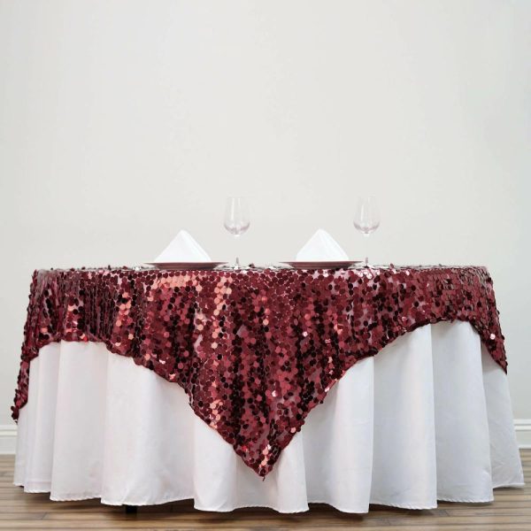 Sequin & Shimmer |  72″x72″ Burgundy Premium Big Payette Sequin Square Table Overlay