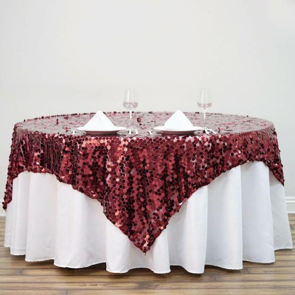 Sequin & Shimmer |  72″x72″ Burgundy Premium Big Payette Sequin Square Table Overlay