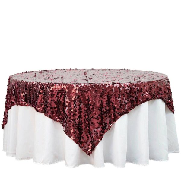 Sequin & Shimmer |  72″x72″ Burgundy Premium Big Payette Sequin Square Table Overlay