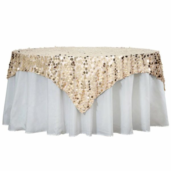 Sequin & Shimmer |  72″x72″ Champagne Premium Big Payette Sequin Square Table Overlay