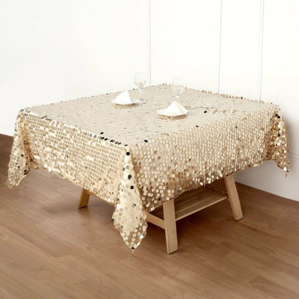 Sequin & Shimmer |  72″x72″ Champagne Premium Big Payette Sequin Square Table Overlay