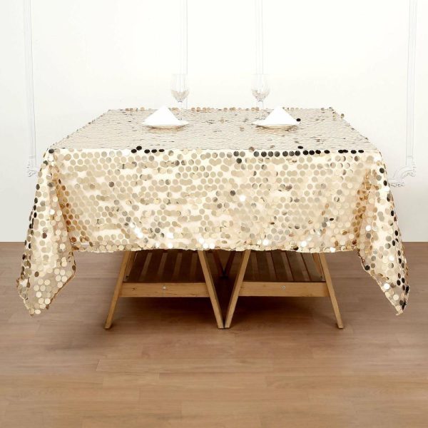 Sequin & Shimmer |  72″x72″ Champagne Premium Big Payette Sequin Square Table Overlay