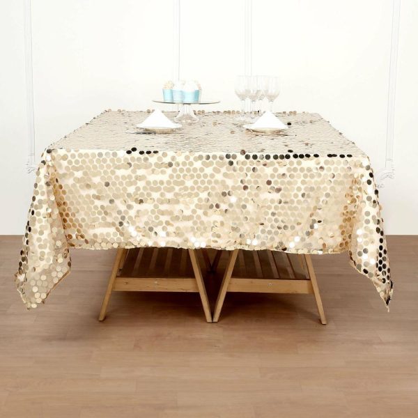 Sequin & Shimmer |  72″x72″ Champagne Premium Big Payette Sequin Square Table Overlay