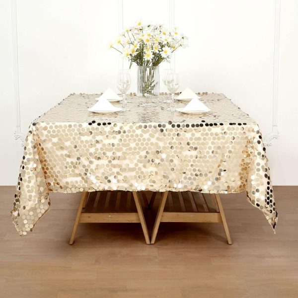 Sequin & Shimmer |  72″x72″ Champagne Premium Big Payette Sequin Square Table Overlay