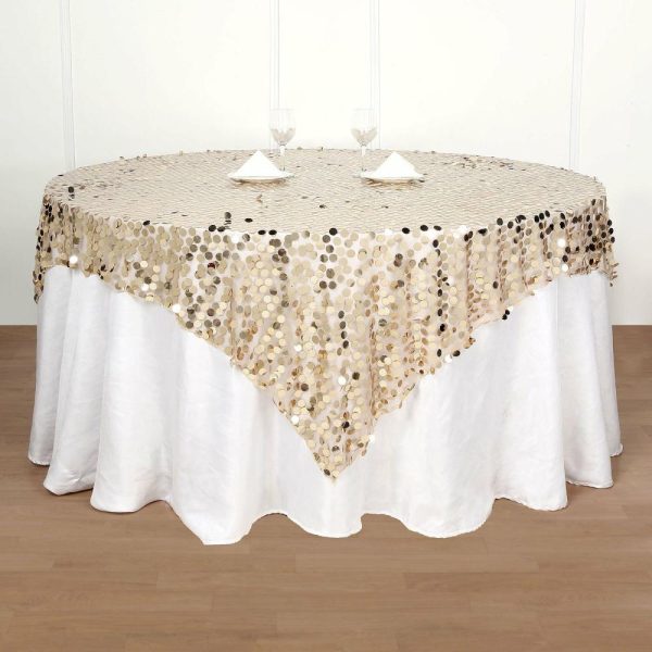 Sequin & Shimmer |  72″x72″ Champagne Premium Big Payette Sequin Square Table Overlay