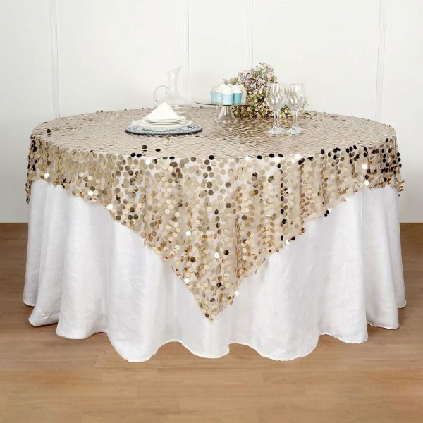 Sequin & Shimmer |  72″x72″ Champagne Premium Big Payette Sequin Square Table Overlay