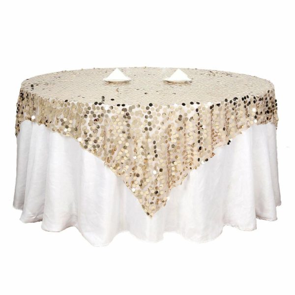 Sequin & Shimmer |  72″x72″ Champagne Premium Big Payette Sequin Square Table Overlay