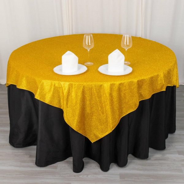 Sequin & Shimmer |  72″x72″ Gold Glitter Sparkle Polyester Table Overlay, Shimmery Square Table Topper