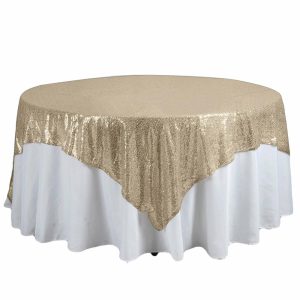 Sequin & Shimmer |  90″x90″ Champagne Premium Sequin Square Table Overlay, Sparkly Table Overlay