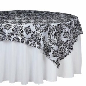 Taffeta & Velvet |  90″x90″ Black Damask Flocking Square Table Overlay