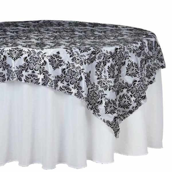 Taffeta & Velvet |  90″x90″ Black Damask Flocking Square Table Overlay