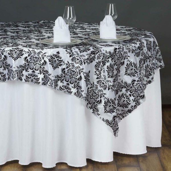 Taffeta & Velvet |  90″x90″ Black Damask Flocking Square Table Overlay