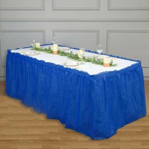 Disposable |  14ft Royal Blue Ruffled Plastic Disposable Table Skirt, Waterproof Spill Proof Outdoor Indoor Table Skirt