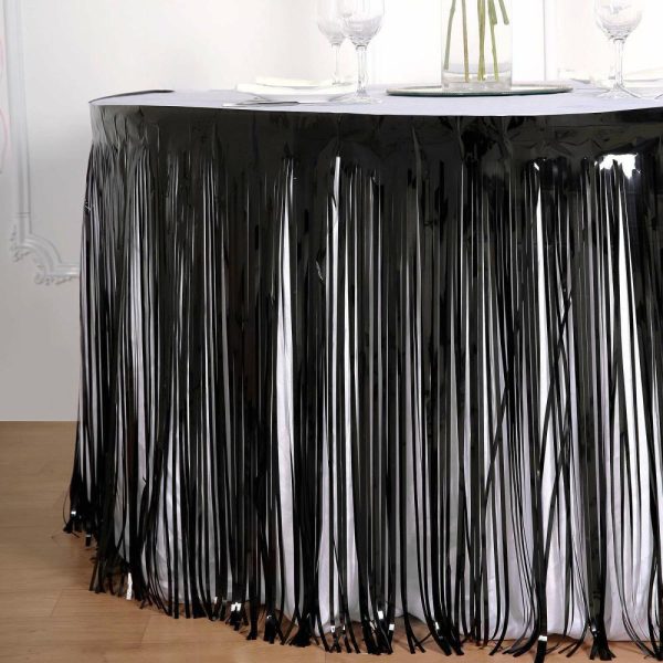 Disposable |  30″x9ft Black Metallic Foil Fringe Table Skirt, Self Adhesive Tinsel Table Skirt