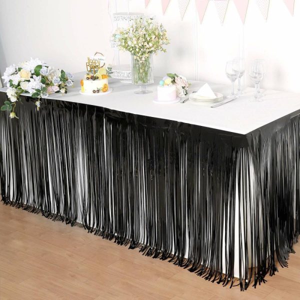 Disposable |  30″x9ft Black Metallic Foil Fringe Table Skirt, Self Adhesive Tinsel Table Skirt