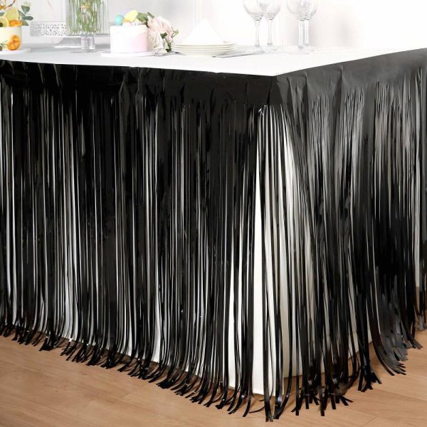 Disposable |  30″x9ft Black Metallic Foil Fringe Table Skirt, Self Adhesive Tinsel Table Skirt