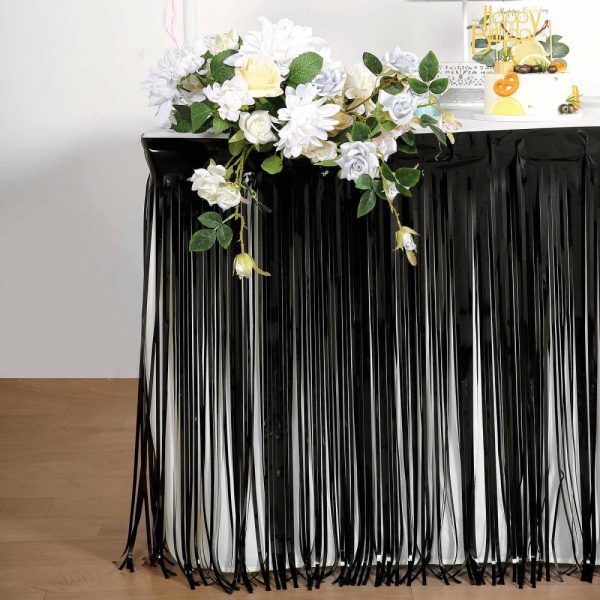 Disposable |  30″x9ft Black Metallic Foil Fringe Table Skirt, Self Adhesive Tinsel Table Skirt