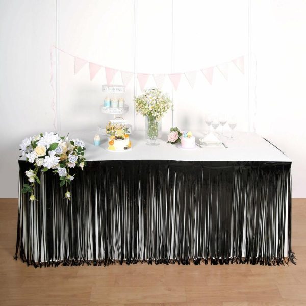 Disposable |  30″x9ft Black Metallic Foil Fringe Table Skirt, Self Adhesive Tinsel Table Skirt