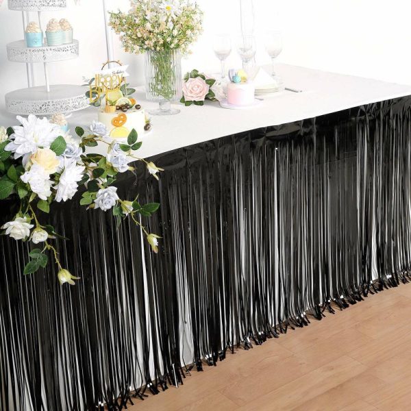 Disposable |  30″x9ft Black Metallic Foil Fringe Table Skirt, Self Adhesive Tinsel Table Skirt