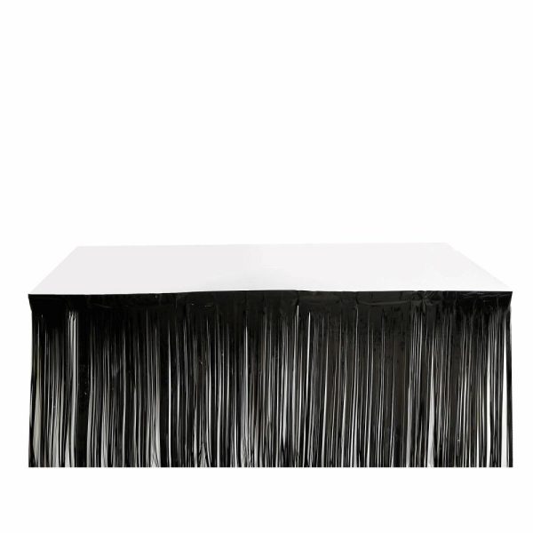 Disposable |  30″x9ft Black Metallic Foil Fringe Table Skirt, Self Adhesive Tinsel Table Skirt