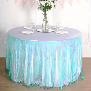 Disposable |  30″x9ft Iridescent Blue Metallic Foil Fringe Table Skirt, Self Adhesive Tinsel Table Skirt