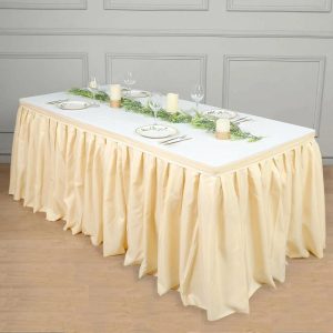 Polyester |  14ft Beige Pleated Polyester Table Skirt, Banquet Folding Table Skirt