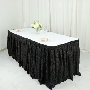 Polyester |  17ft Black Metallic Shimmer Tinsel Spandex Pleated Table Skirt with Top Velcro Strip