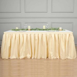 Polyester |  21ft Beige Pleated Polyester Table Skirt, Banquet Folding Table Skirt