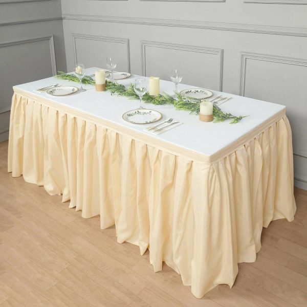 Polyester |  21ft Beige Pleated Polyester Table Skirt, Banquet Folding Table Skirt