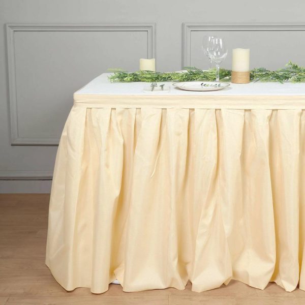 Polyester |  21ft Beige Pleated Polyester Table Skirt, Banquet Folding Table Skirt