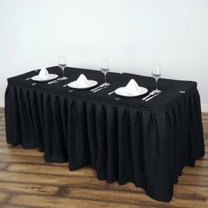 Polyester |  21ft Black Pleated Polyester Table Skirt, Banquet Folding Table Skirt