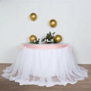 Tulle & Curly Willow |  21ft White Extra Long 48″ Two Layered Tulle and Satin Table Skirt